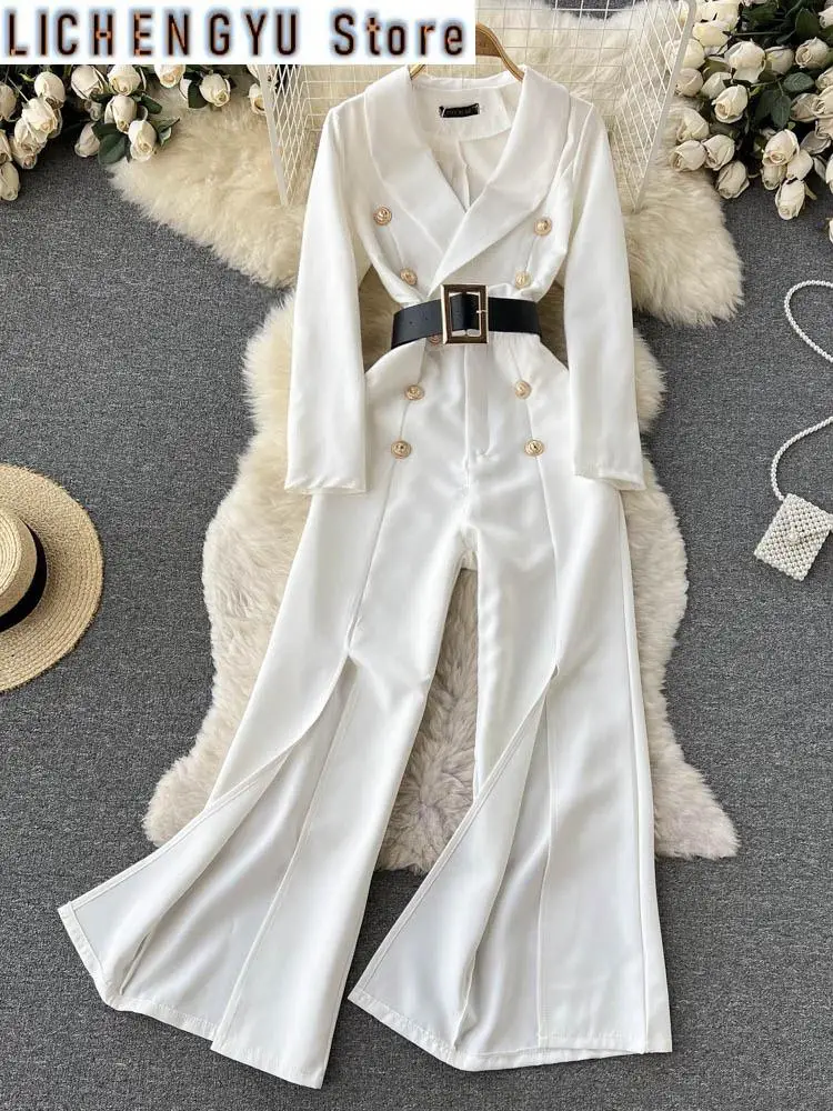 New Elegant Style Chic Jumpsuit Women Long-sleeve Chiffon Button With Belt Straight Solid Color Jumpsuits Autumn