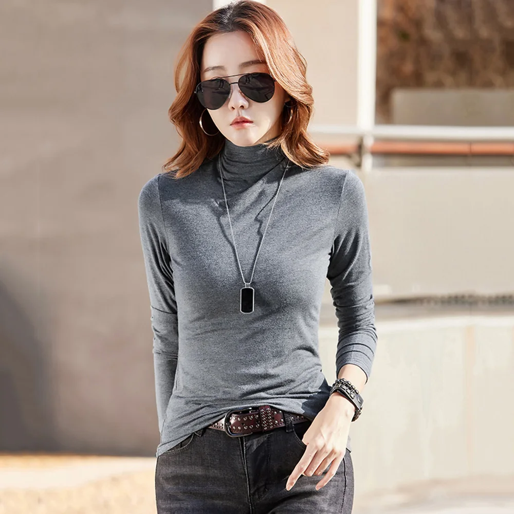 

New Women Modal Bottomming Shirt Autumn Winter Fashion Half High Collar Long Sleeve Slim T-shirt Simplicity Casual Basics Tops