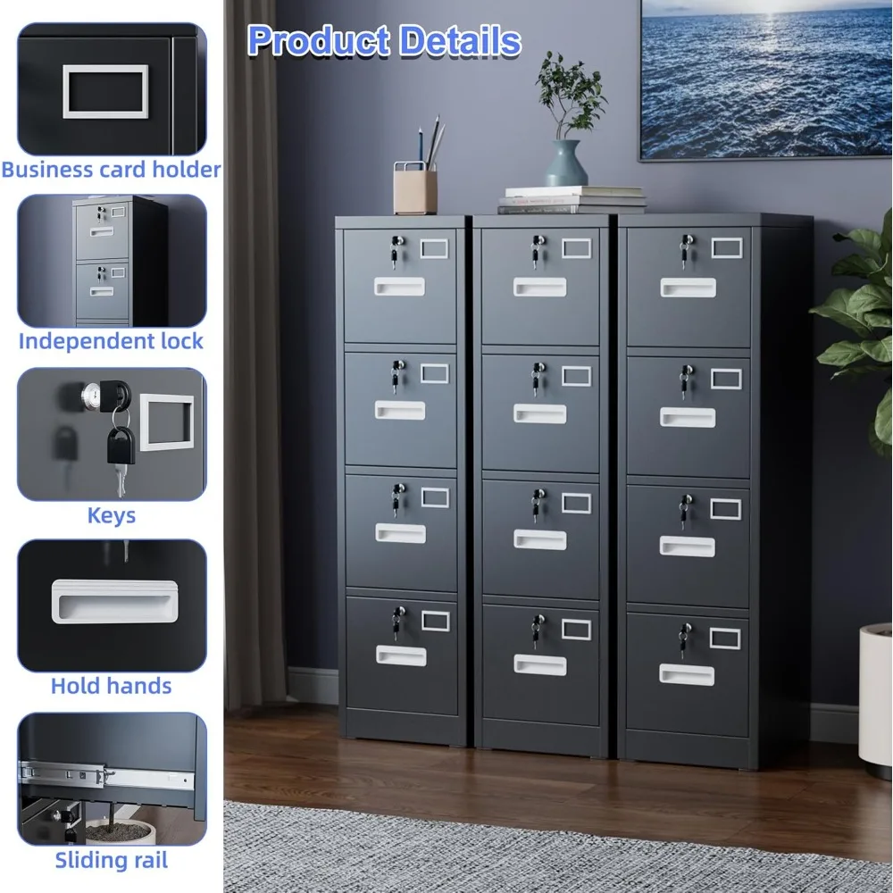 خزانة ملفات ذات 4 أدراج، خزائن ملفات معدنية عمودية سوداء مع أقفال حامل بطاقة الاسم للمكتب المنزلي، تتطلب التجميع