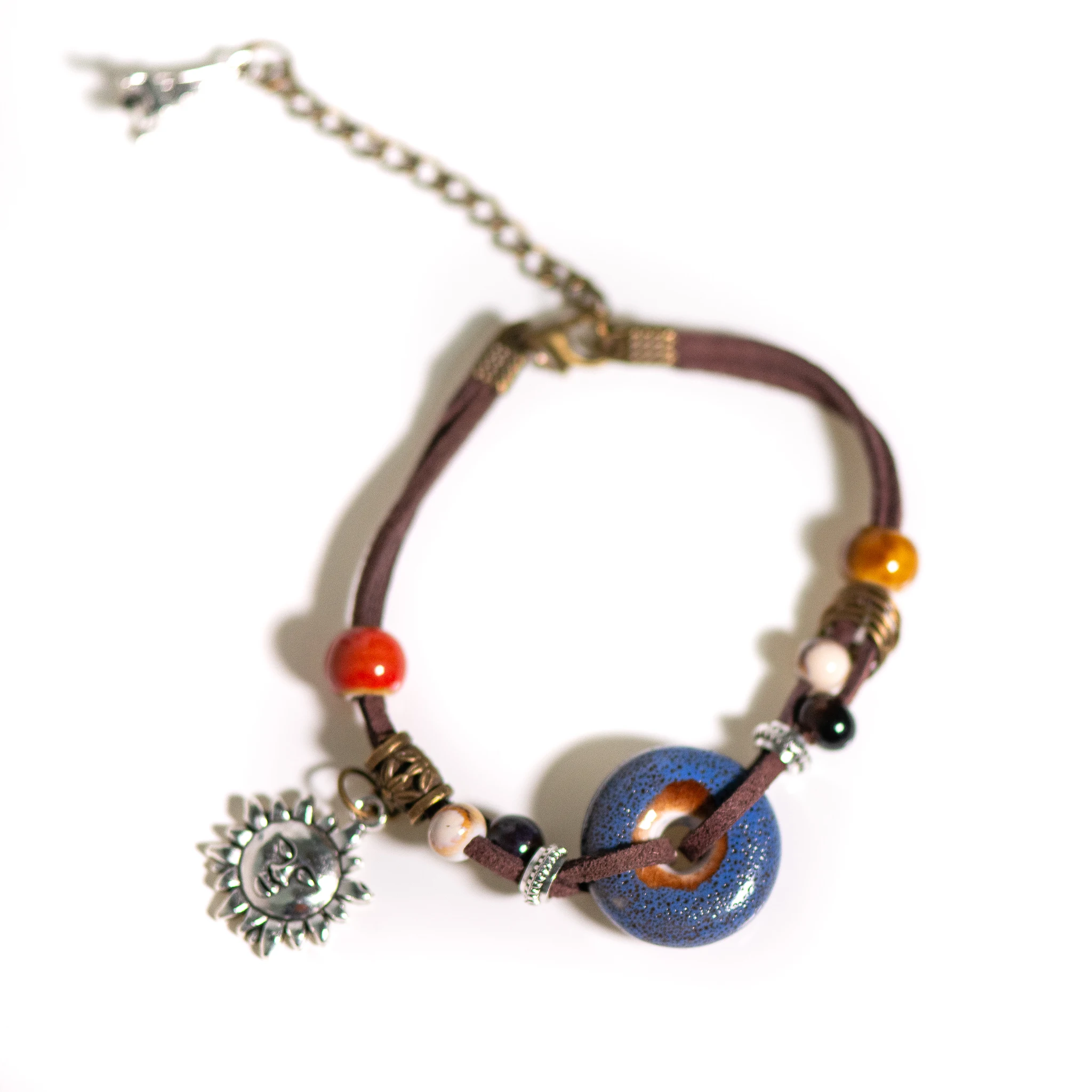 Ceramic Sun Charm Bracelet Adjustable Length Boho Style Handcrafted Velvet Cord Bohemian for women
