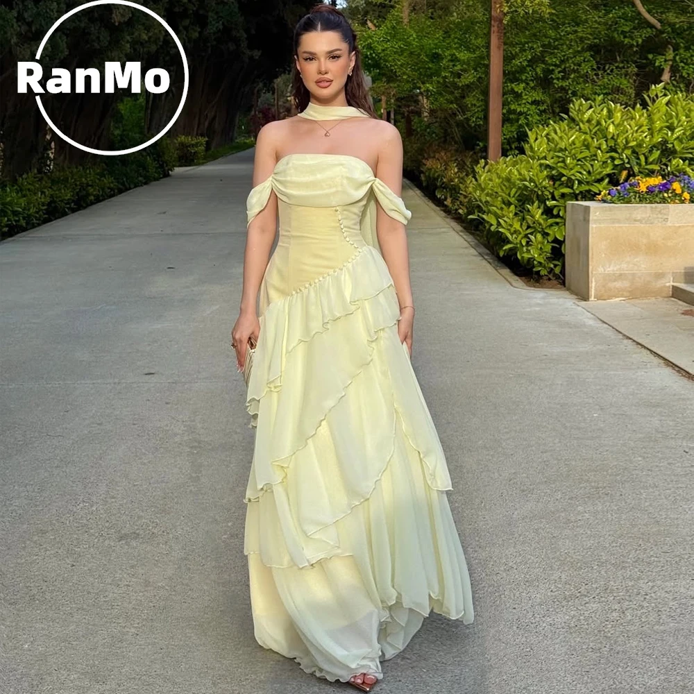 Vestido de Fiesta Ranmo Amarillo sin Tirantes 2026, Vestido de Noche Largo de Gasa con Volantes, Vestidos de Gala Personalizados