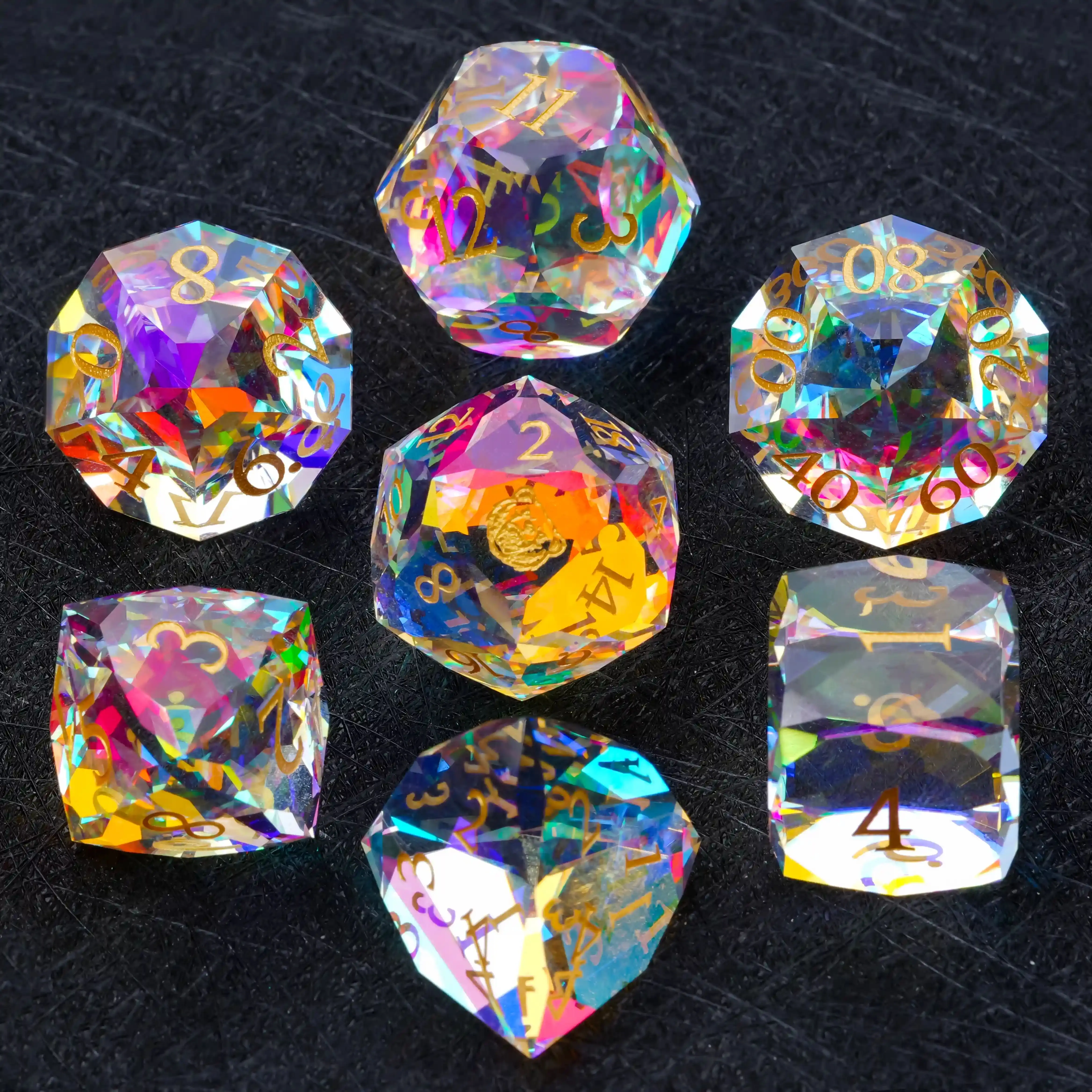 1-7pcs Rainbow Prism Glass Gemstone DND Dice Set Multi-sided Polyhedral Dice Golden Word Dice for D&D Game COC Role Playing RPG