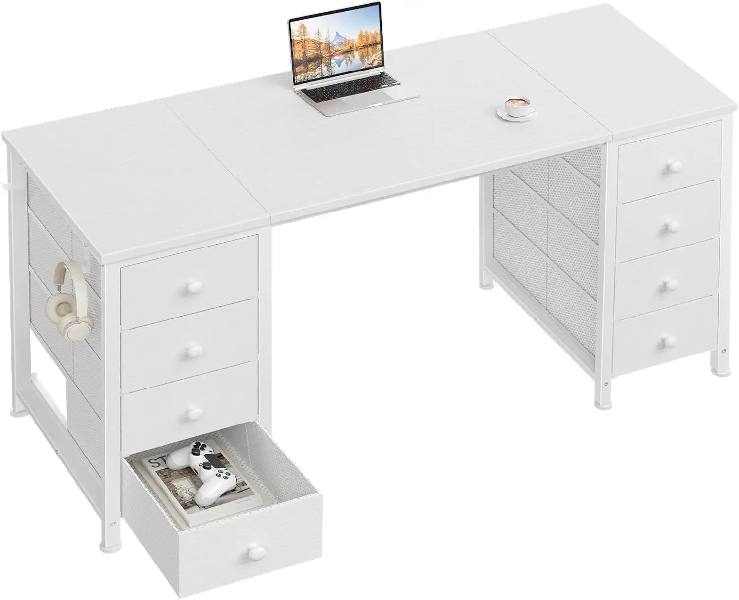 

White Computer Desk with Drawers on Both Sides for Home Office, 55 inch Girls Teens Desks with Storage Writing Study Table