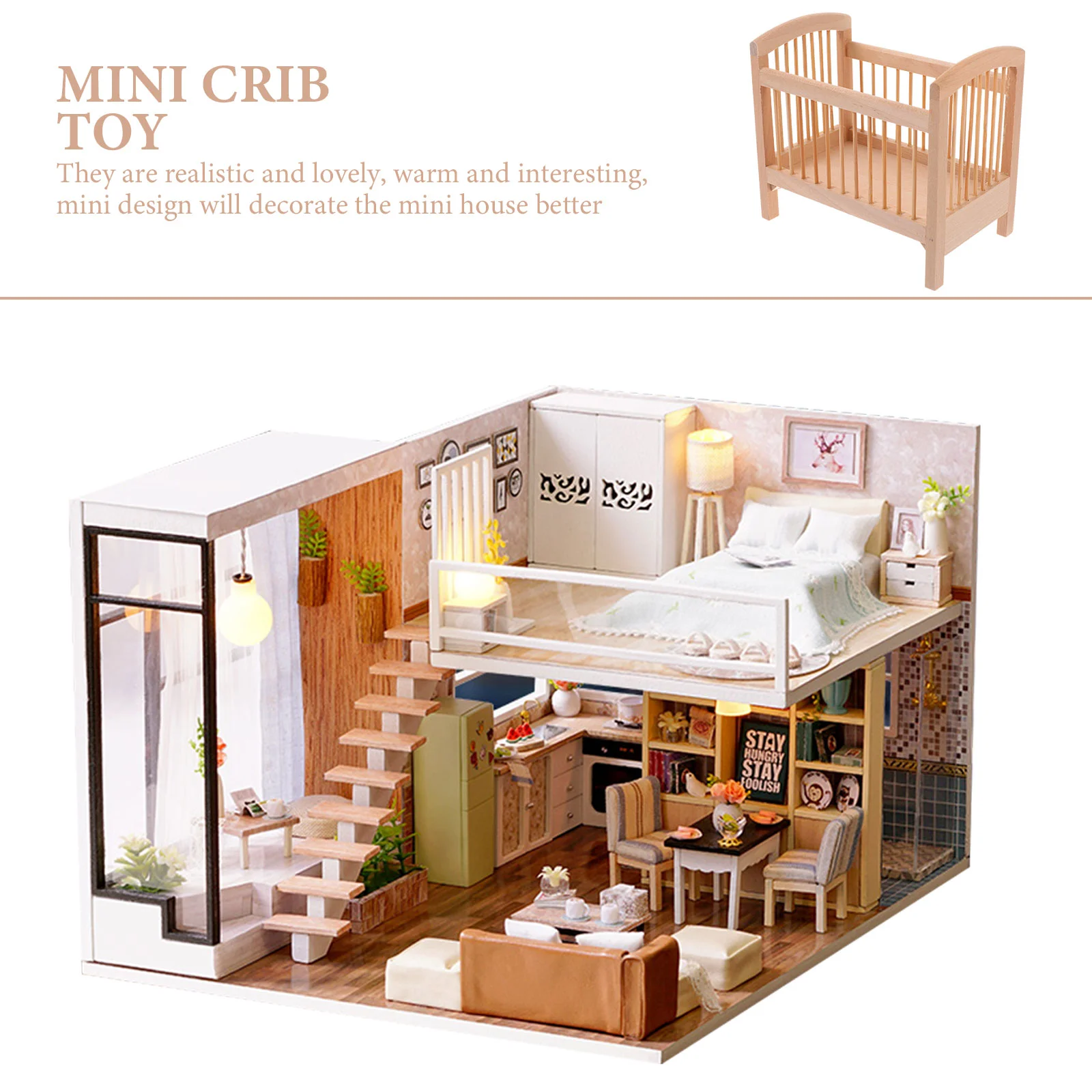 House Crib Bed Wooden Furniture Mini Toy For Kids Cradle Baby Model Adornment Child