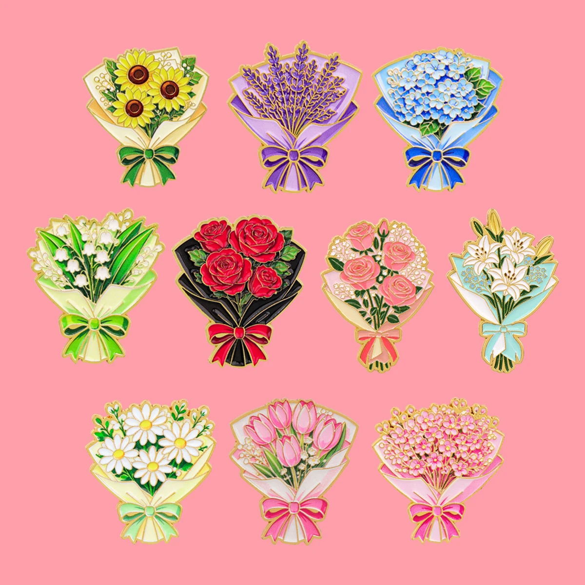 Men Accessories Bouquet - 10pcs Floral Bouquet Enamel Pin Set