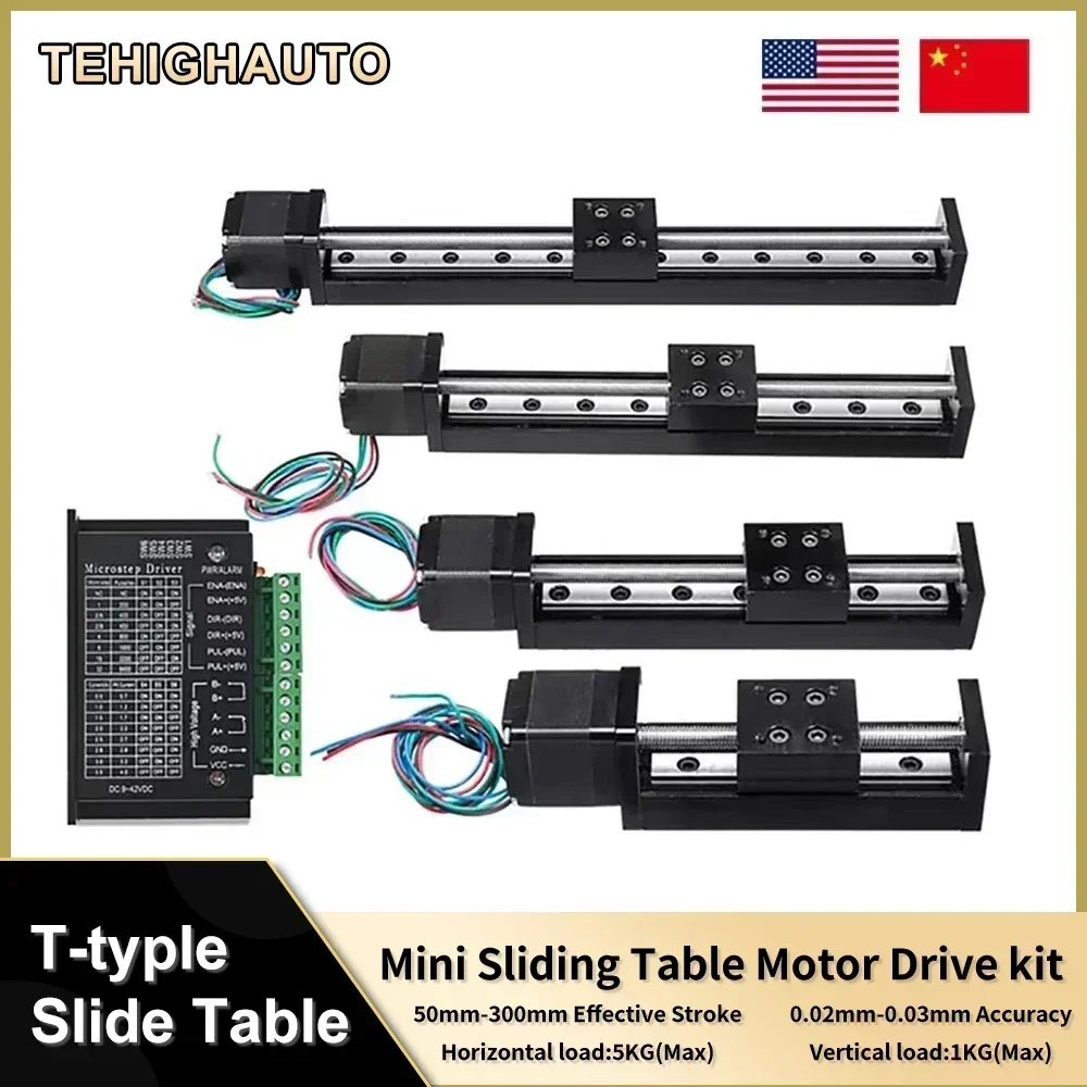 XYZ Axis Motorized Slide Table T-type Linear Guide Rail Stage CNC Mini Sliding Table Motor Drive Kit Electric Linear locking