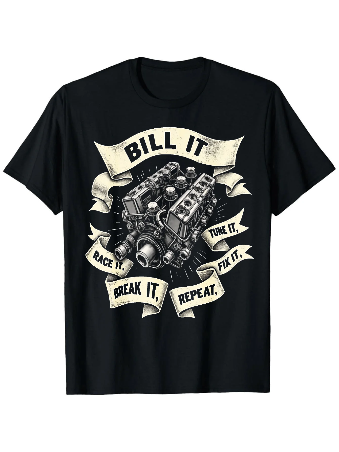 Men'S BUILD IT Mechanical Theme T-shirt  Car Pattern Print with Engine Piston Design, Heavy Round Neck,  Black Engineering Cloth, Casual Workwear, Comfortable Fit, Suitable for Mechanics and Car Enthusiasts