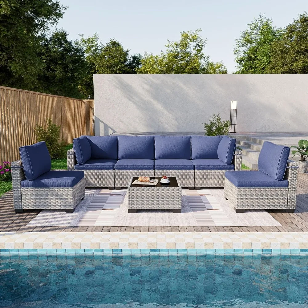 Outdoor Modular Sectional Sofa Set with Plush Cushions, 7-Piece Patio Furniture, Thick-Woven Wicker Rattan, Rust-Resistant
