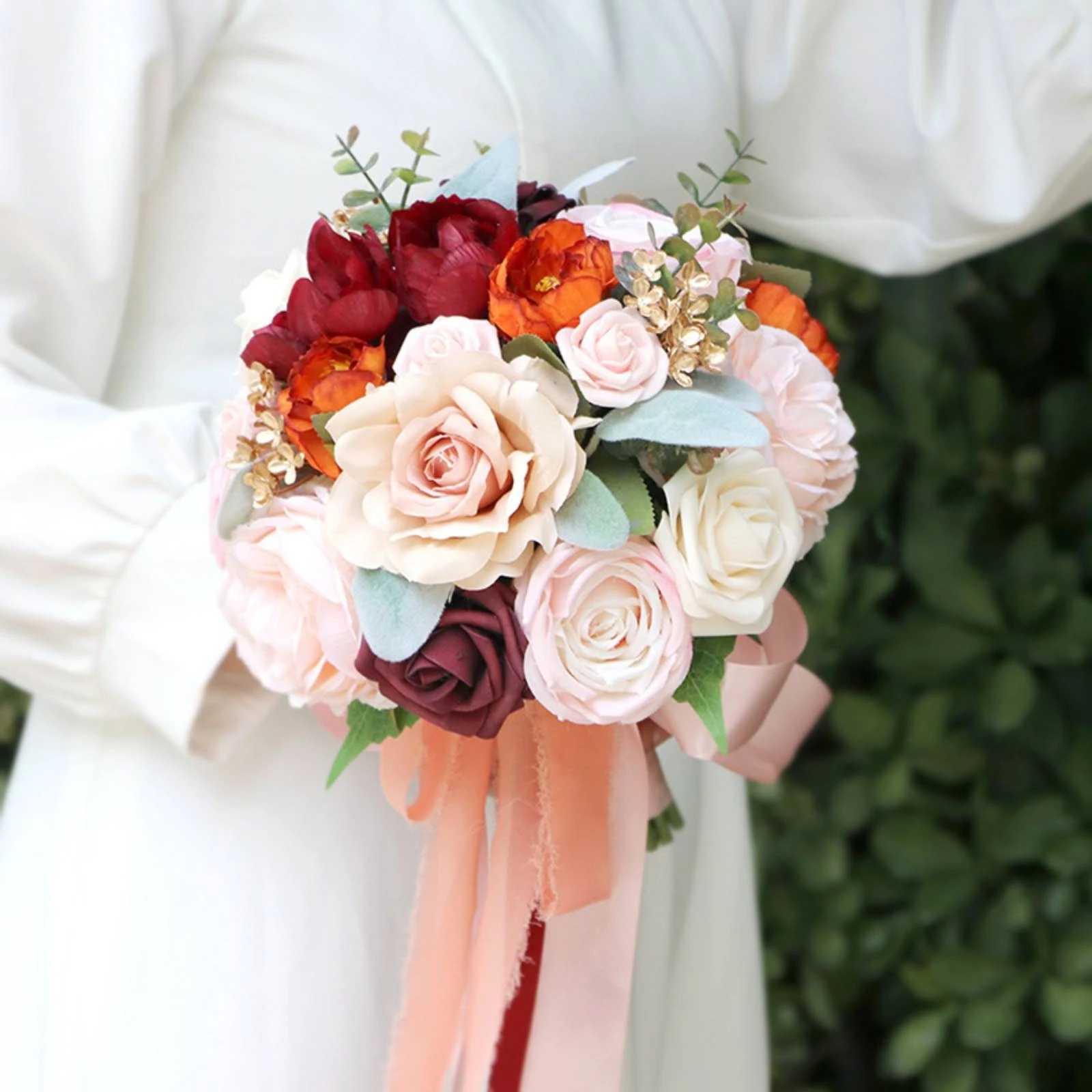 Silk Rose Bouquet with Trailing Ribbons Reusable Layered Flower Bouquet with Decorative Sprigs Artisan Romantic for Brides