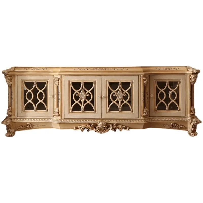 French Style Solid Wood TV Stand Italian Veneer Inlay European Court Design Living Room Media Console Villa Floor Cabinet