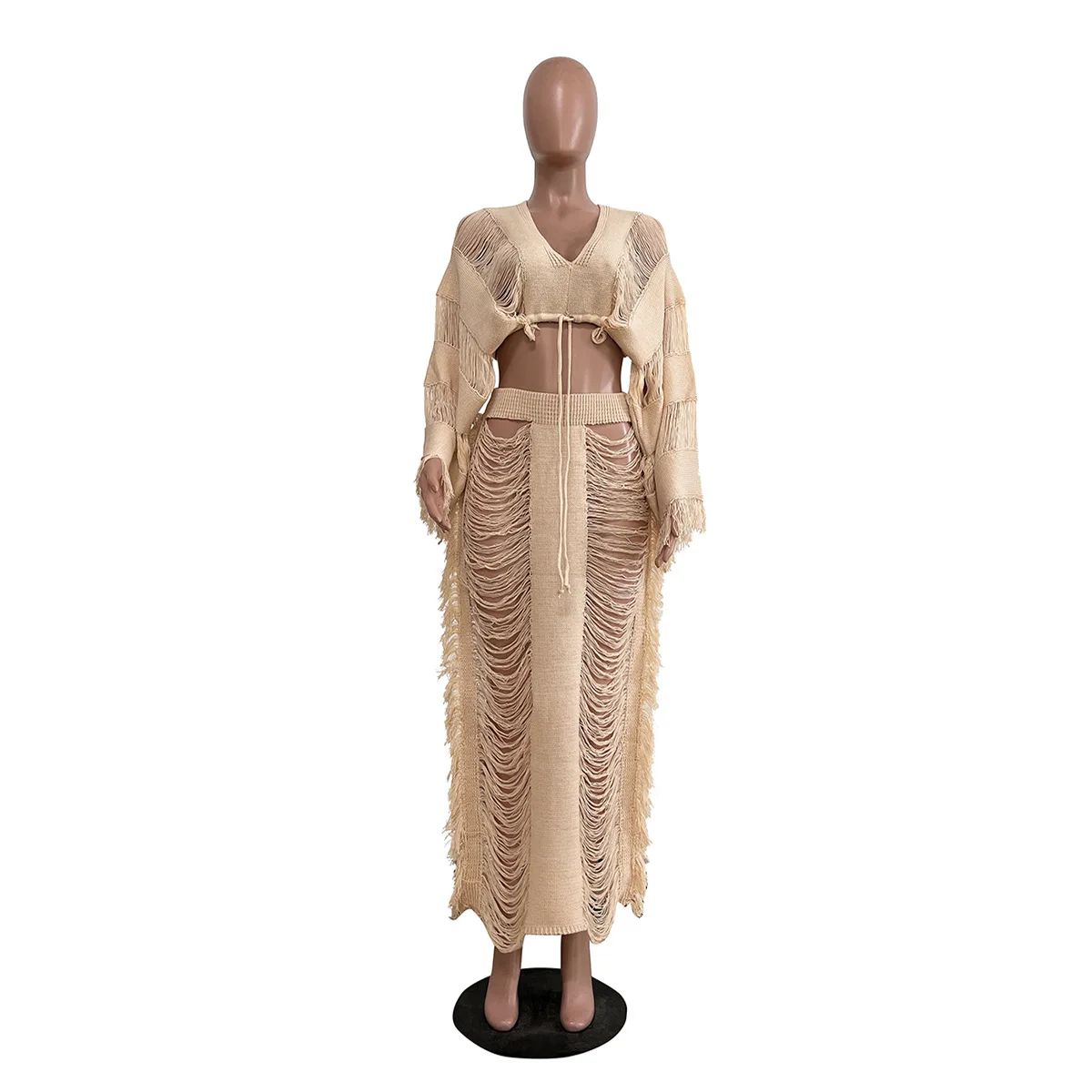 2023 New Hook Design Two Piece Knitted Set Hollow Out long sleeve Crop Top Elastic Waist Long Skirt Tassel Suits Beach Cover-ups