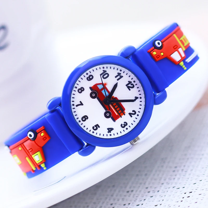 new cool children's boys girls little baby fire truck cartoon electronic watches kids students blue gifts silicone wrist watches