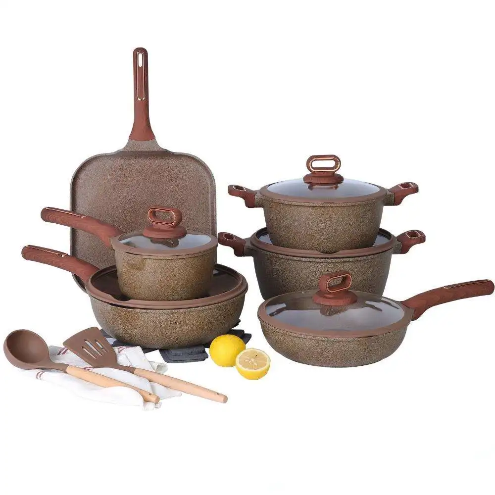 Healthy Granite Glass Cookware Set 16pcs Induction Bottom Casserole Frying Pan for Home Kitchen Use Metal