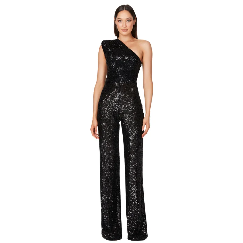Uoozee 2026 Women's One Shoulder Sequins Jumpsuits Elegant Slim Fit Straight-leg Pants Sparkly Party Club Evening Formal Romper