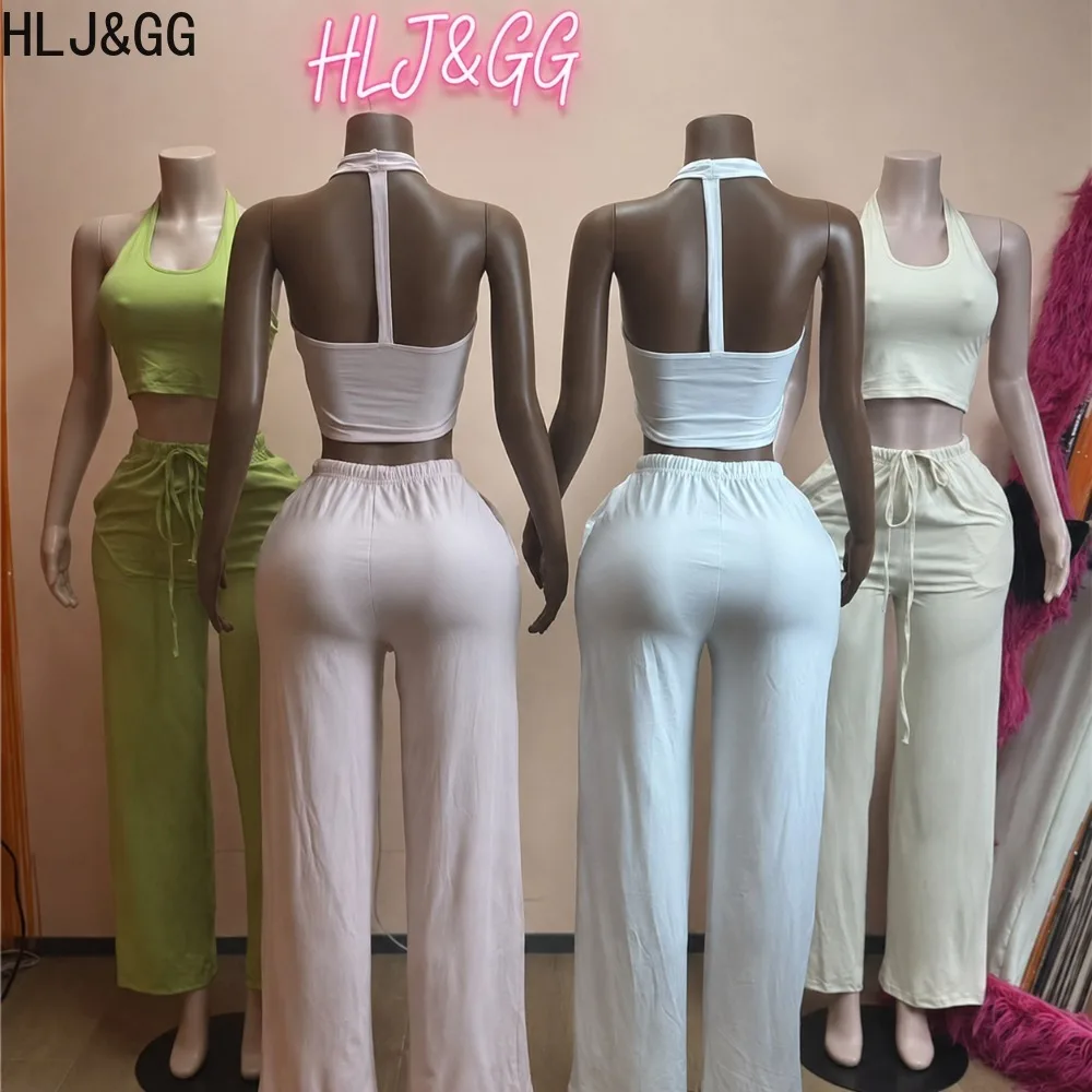 HLJ&GG Casual Solid Color Women 2 Piece Set Halter Sleeveless Backless Crop Top and Wide Leg Trousers Pants Streetwear Outfits