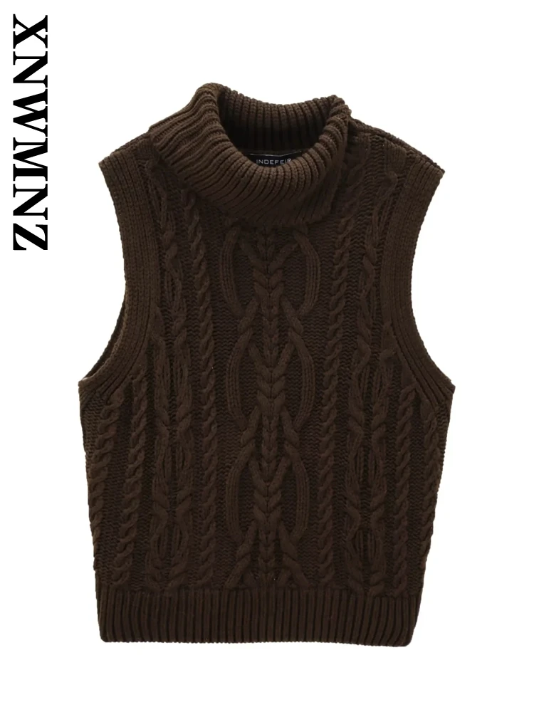 XNWMNZ Woman 2024 New Autumn Fashion Stand Collar Knit Screw Thread Sweater Gilet Female Casual Sleeveless Solid Color Vest Top