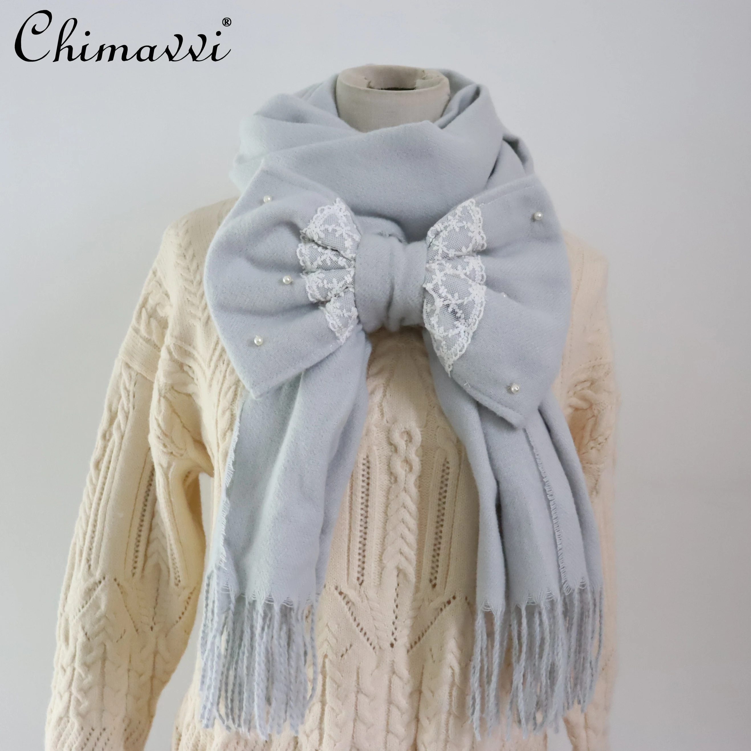 

Милый шарф в японском стиле, шаль с милым бантом, сплошной цвет, универсальный съемный шарф в стиле Лолиты двойного назначения, милый мягкий женский шарф для девочек