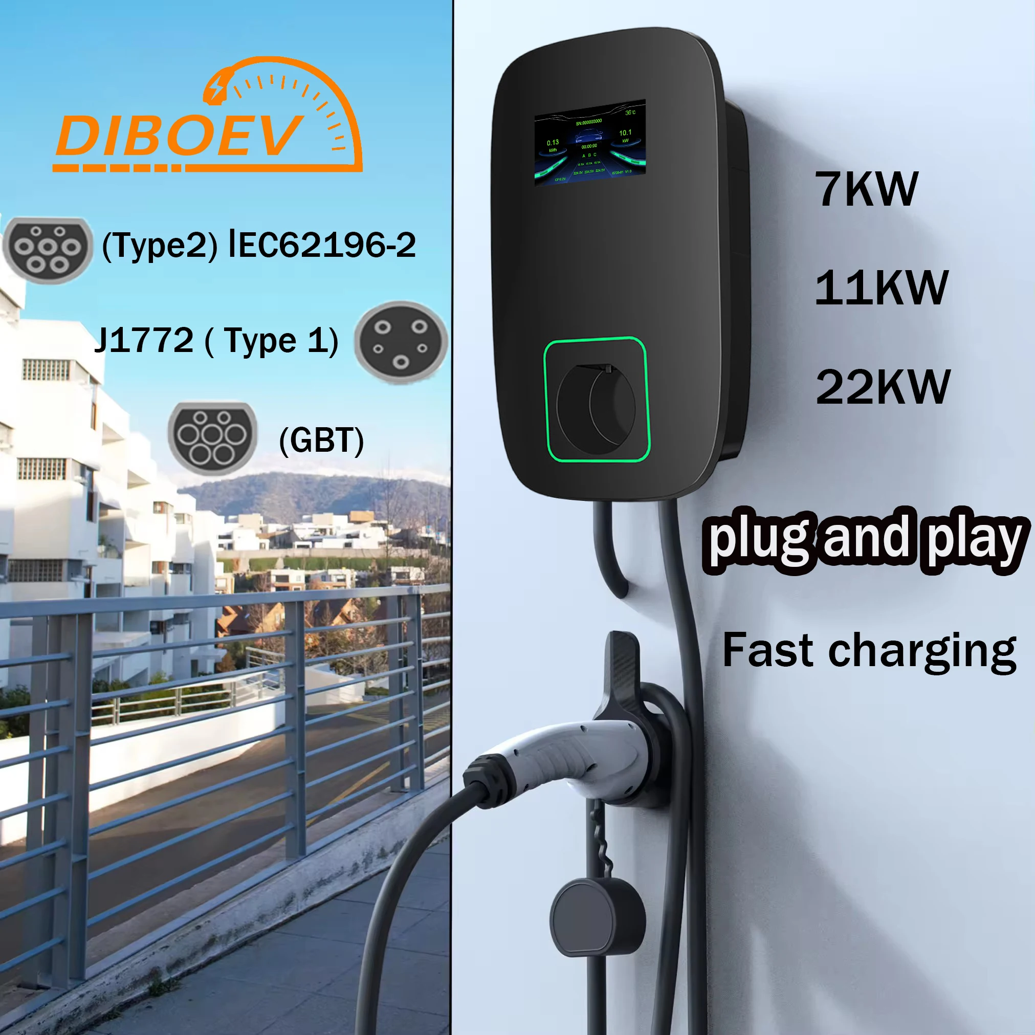 NEW EV Charger Type1 Type2 7KW Electric Vehicle Car Charger EVSE Wallbox 22KW 11KW 3Phase IEC62196-2 SAE-J1772 Socket