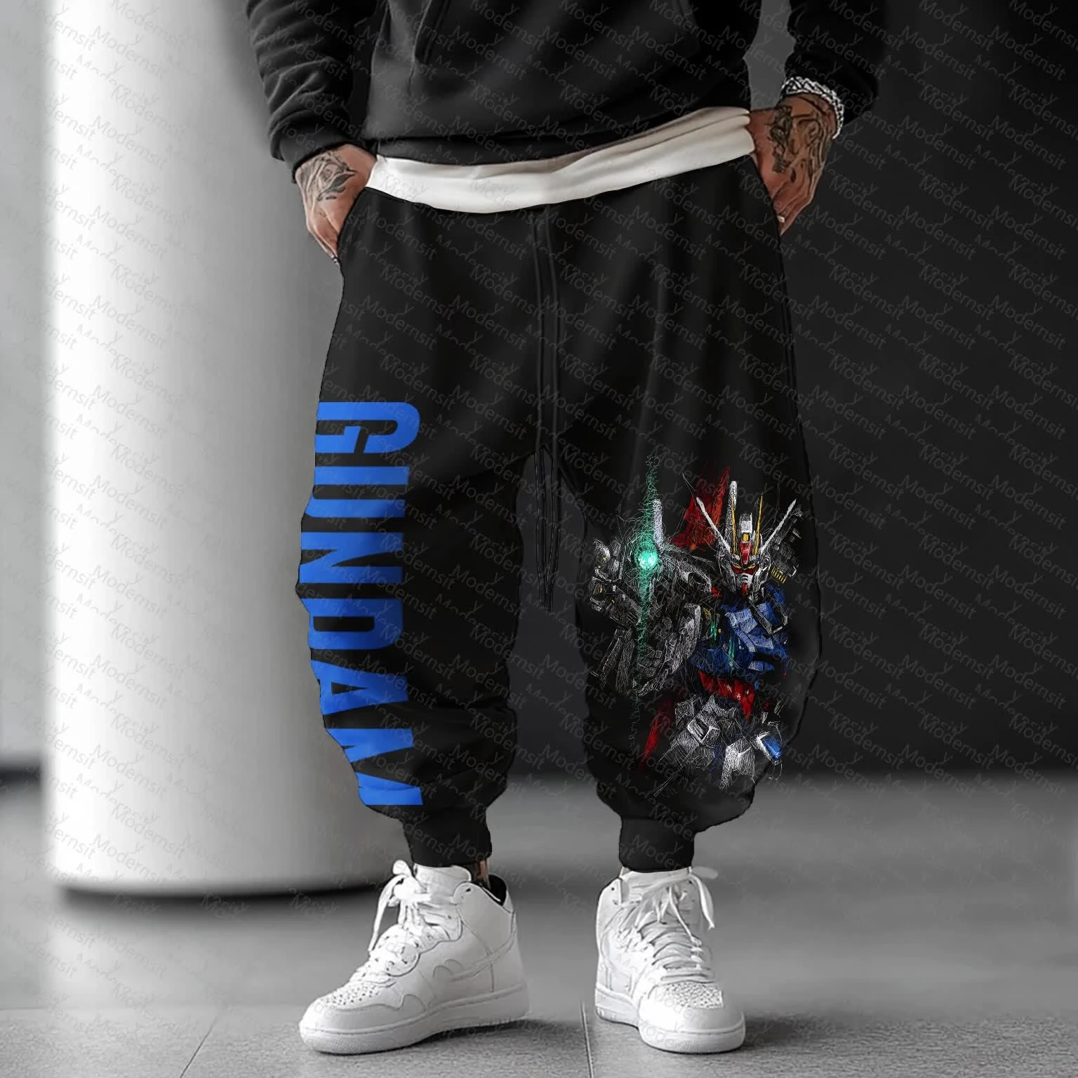 Männer GUNDAM Anime Schwarz Jogger Hosen Blau Roboter Grafik Streetwear Casual Lose Fit Herbst Winter Laufen Fitness Jogginghose
