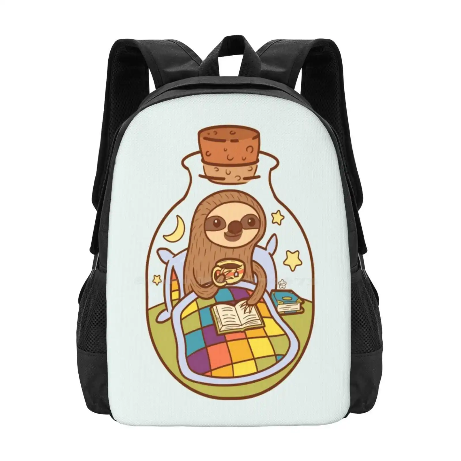 Sloth In A Bottle Hot Sale Backpack Fashion Bags Sloths Moon Stars Bedtime Tea Books Jar Cute Animal Nighttime