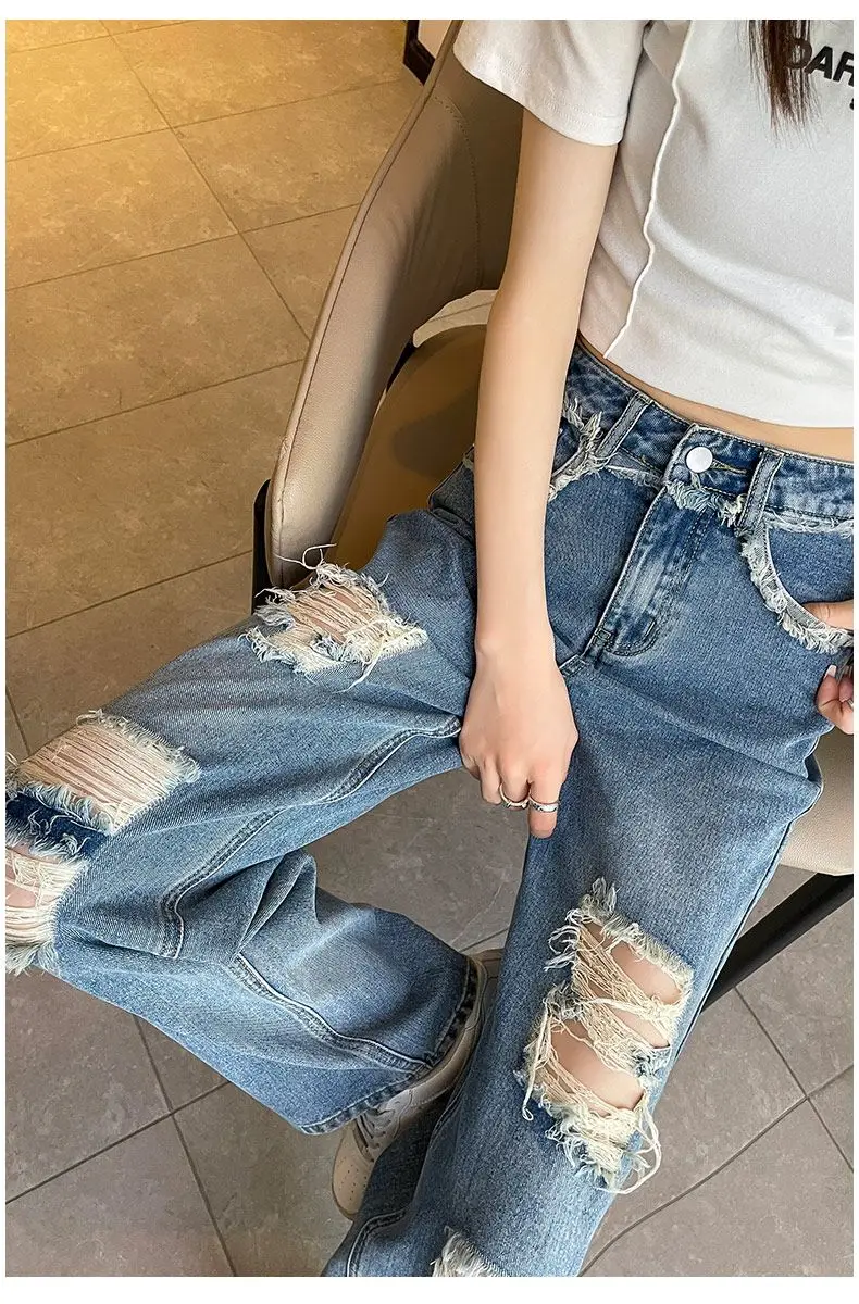 Casual Vintage Streetwear Light Blue Jeans Vrouwen Y 2K Hoge Taille Gescheurde Denim Broek Dames 2024 Nieuwe Losse Broek Met Wijde Pijpen A242