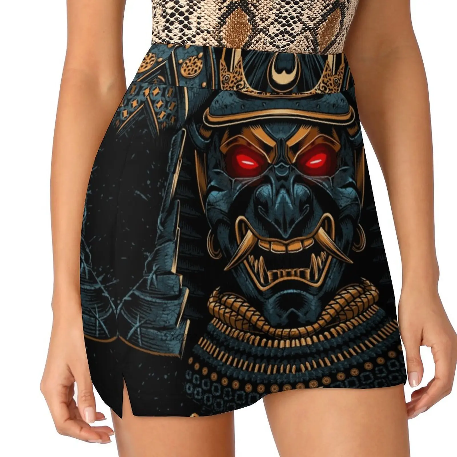 Awesome Gold Summer Women's shorts Skirt 2 In 1 Fitness Yoga Skirt Tennis Skirts Demon Japan Japanese Horns Helmet Yakuza Ladies