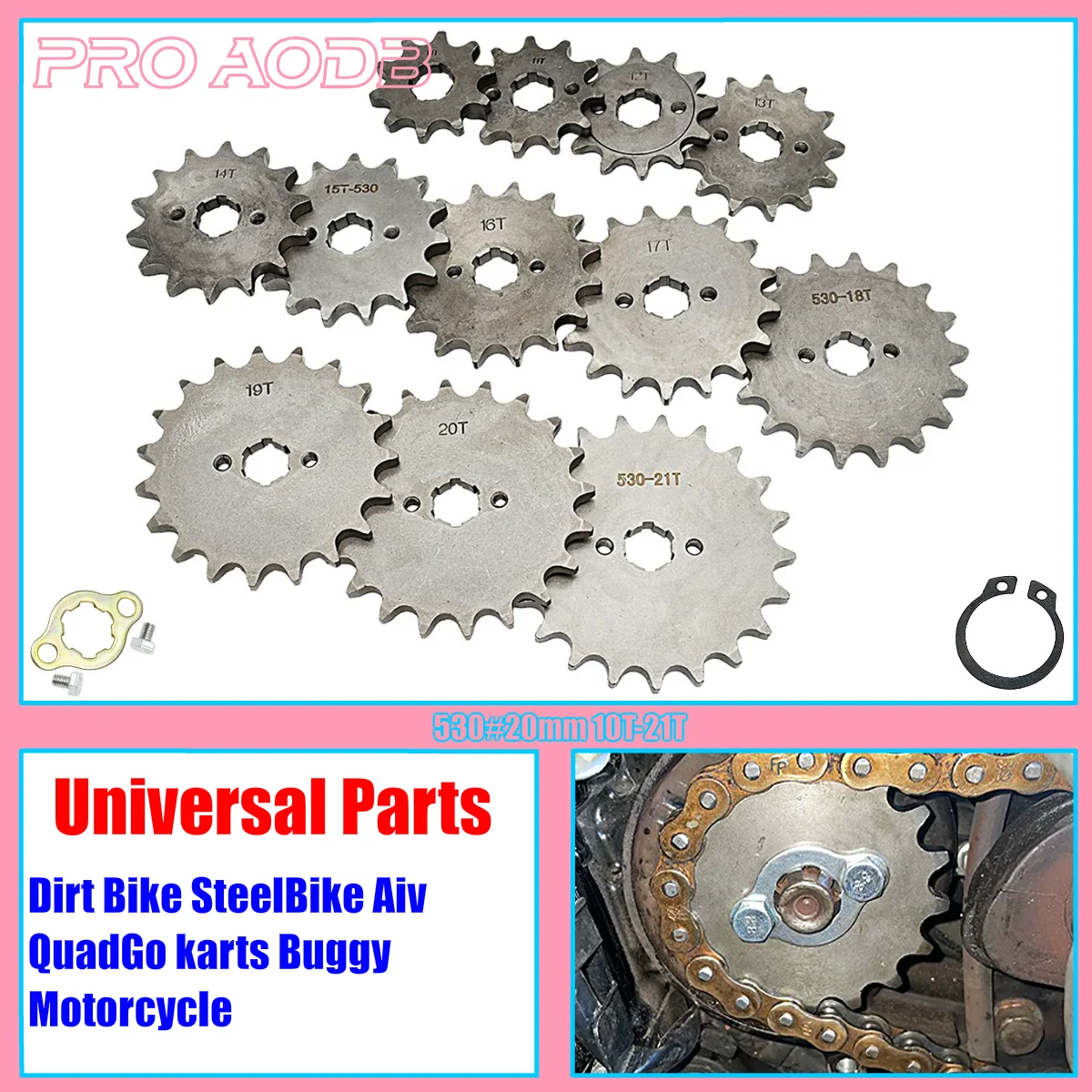 

Front Engine 530# 10T 11T 12T 13T 14T 15T 16T 17T 18T 19T 20T 21T Teeth 20mm Chain Sprocket With Retainer Plate Locker