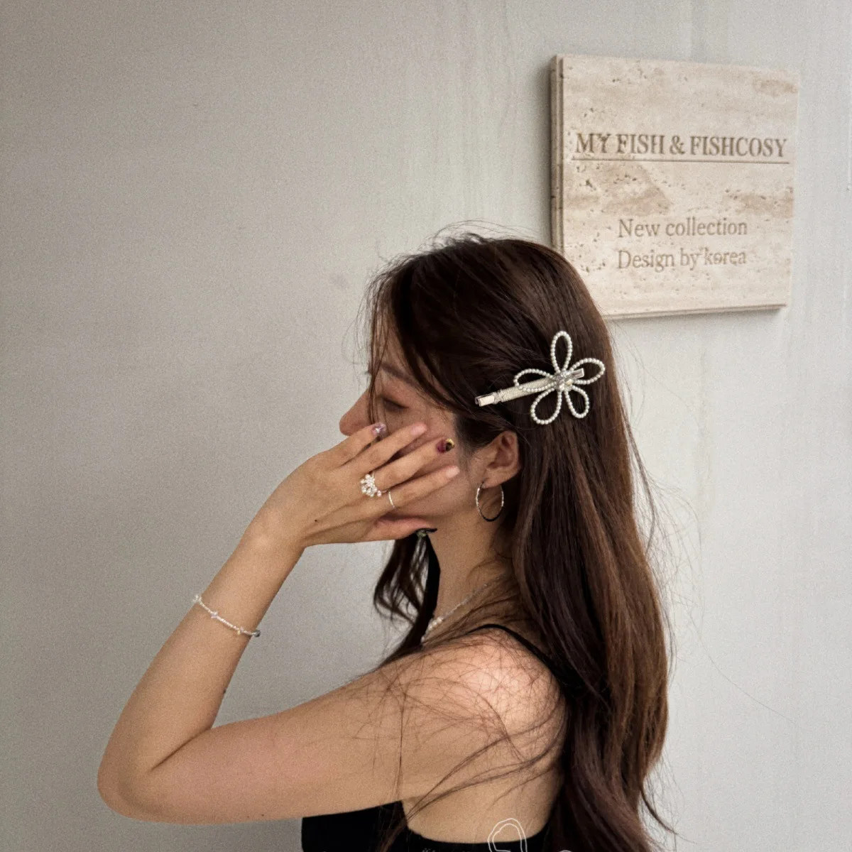 Hair Clip Faux Pearl Beaded Flower One Word Barrette Side Bangs Clip for Women Girls Daily Travel Hair Accessory