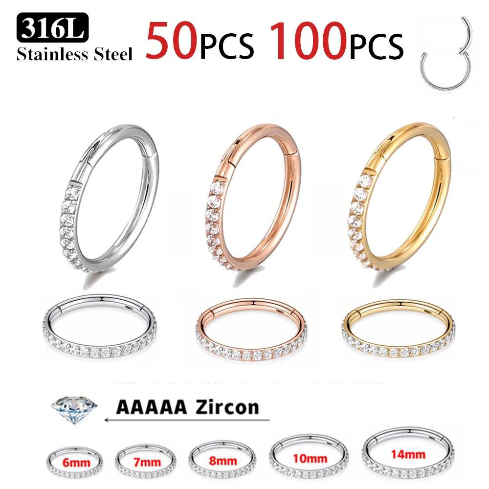 1/10/50 Stainless Steel Zircon CZ Earrings Woman Nose Septum Clicker Ring Round Earring Hoops Ear Piercing Jewelry