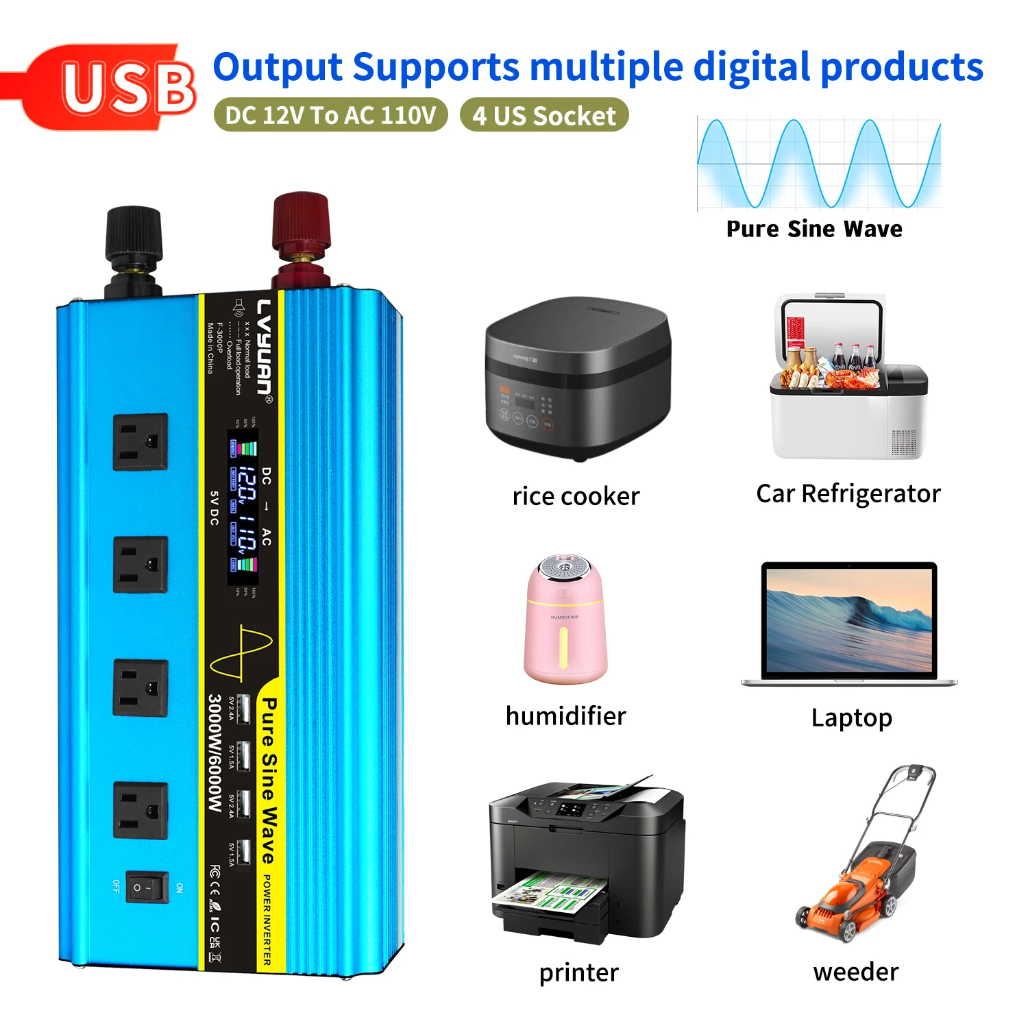 LVYUAN نقية شرط لموجة العاكس DC12V 24V-AC110V 8000 واط/6000 واط/4000 واط عاكس الطاقة للغلاية/وعاء كهربائي/ثلاجة صغيرة