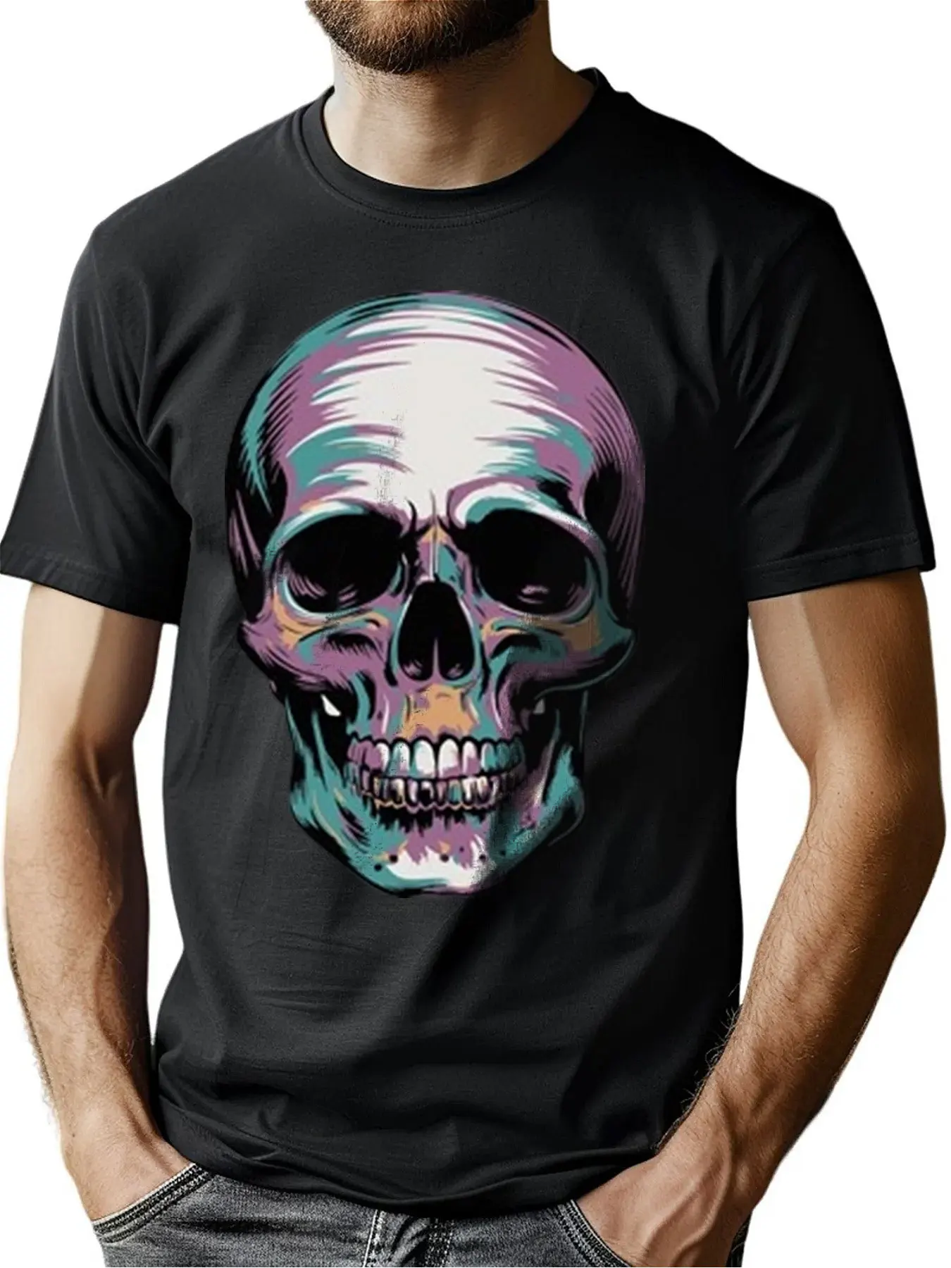 

Men's Soft Cotton Crew Neck Tee With Colorful Skull Graphic Print, Comfortable Casual Shirt For Outdoor Activities, Halloween G