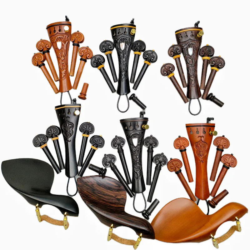 

4/4 Carved Violin Parts Accessories With Breaket Clamp Screw Gut Fintuner Fiddler Violin Chin Rest Tailpiece Pegs Ebony Rosewood