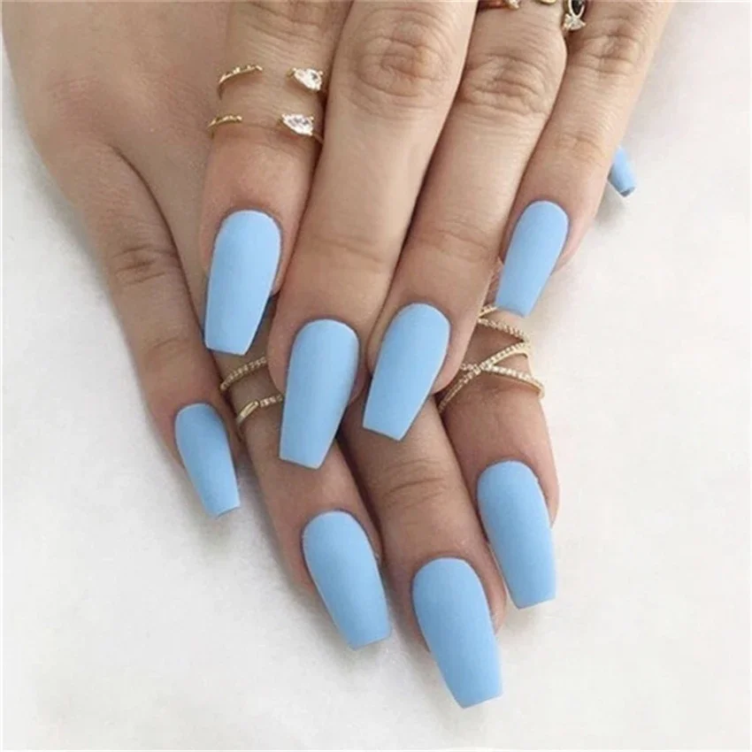 

24Pcs/Set Ballet Light Blue Frosted Press on Nails Artificial Solid Colour Acrylic Wearing False Nails Adhesive Fake Nails Tips