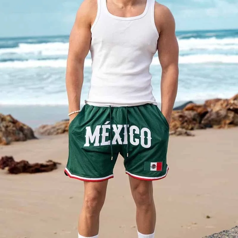 Mexico Letter Print Mesh Basketball Shorts Drawstring Waist Flag Graphic Streetwear Sport Bottom