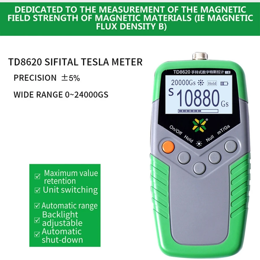 5% TD8620 Permanent Magnet Gauss Meter Handheld Digital Tesla Meter Magnetic Flux Meter Surface Magnetic Field Test 5% Accuracy