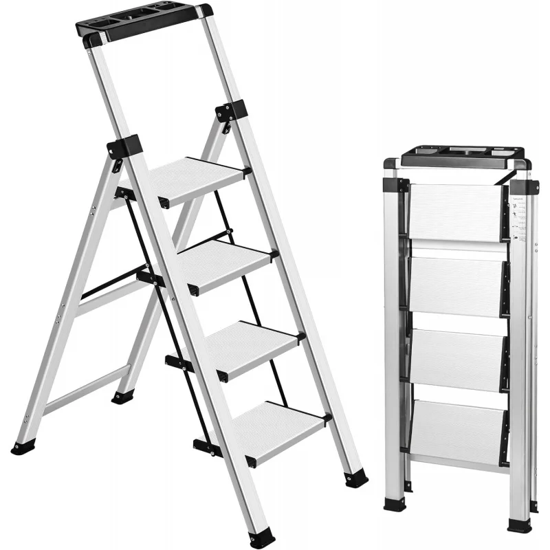 Retractable Handgrip Folding Step Stool with Anti-Slip Wide Pedal, Aluminum Stool Ladders 4 Steps, Safety Household Ladder