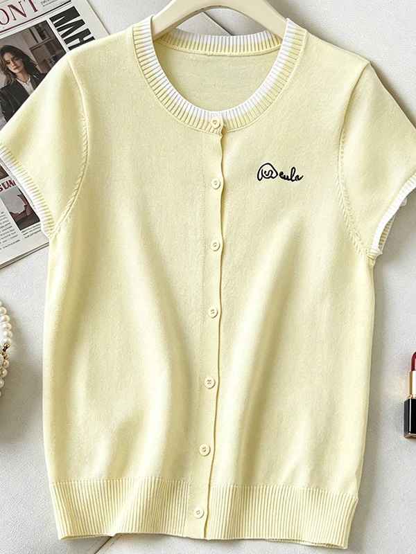 

plus Size Summer Knitted Short Sleeve Sweater Women's Fashion Slimming Design Versatile T-Shirt Korean Style Casual Wear