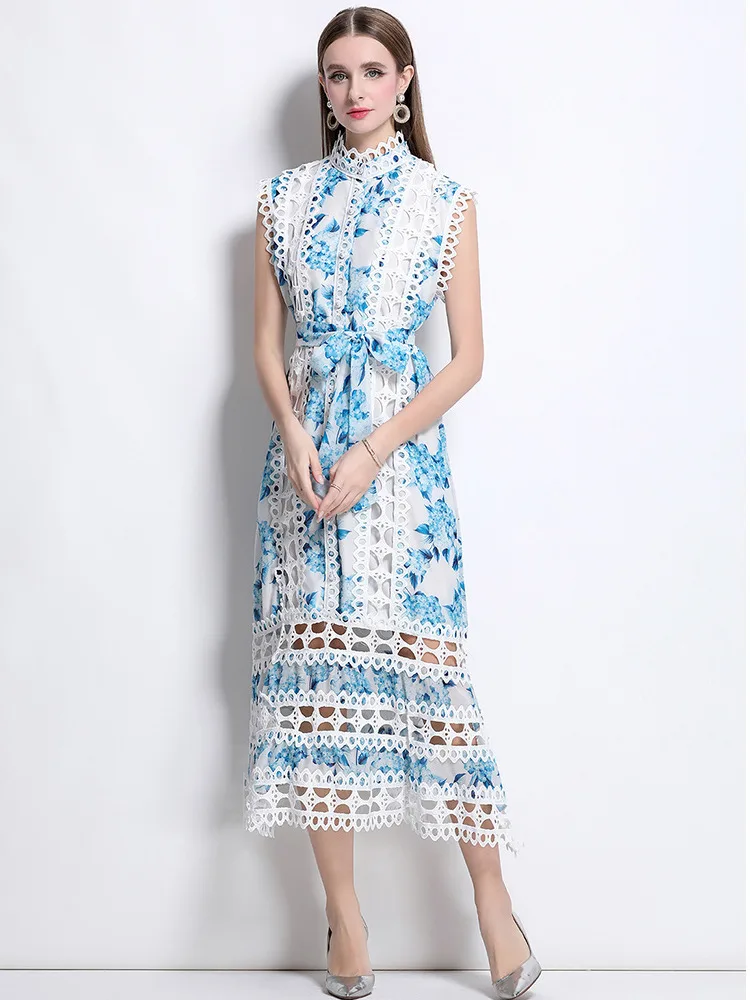 Vestido largo de verano con empalme de encaje calado, vestido largo sin mangas con cuello alto y estampado Floral con cordones y cinturón, Vestidos de fiesta sueltos, vestido largo
