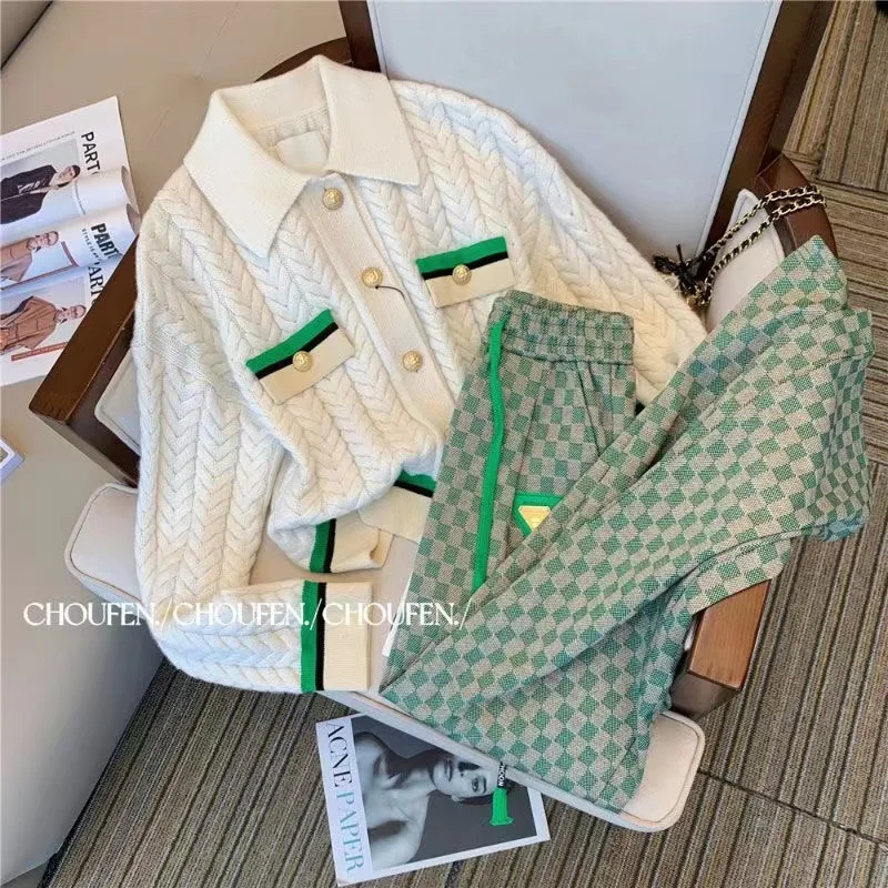 Women Knitted Sweater Suit Cardigan Jacket Top And Plaid Pants Two Pieces Set Matching Outfits Fashion 2023 Winter Street Cloth