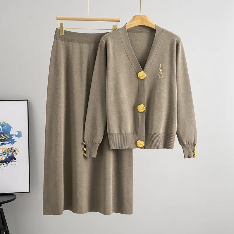 

Metal Button Knitted Sweater Two-piece Set for Women's Autumn/winter 2025 Loose Casual Wide Leg Pants Set