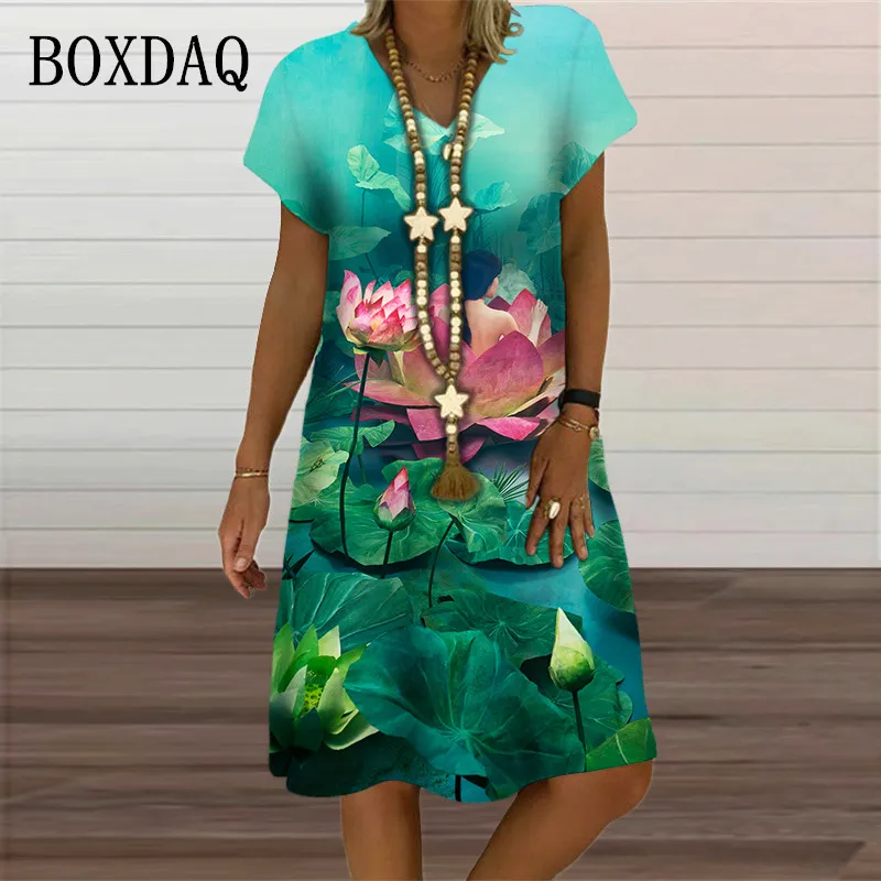 New 2023 Summer Lotus Leaves Plant Flowers 3D Print Dress Oversized Clothing Women V-Neck Short Sleeve Casual Loose Midi Dresses