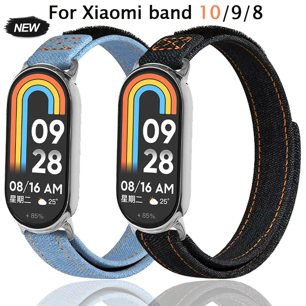 สายรัดข้อมือเดนิมแบบสปอร์ตสำหรับ Xiaomi Band 10/9/8 รุ่นใหม่สำหรับผู้หญิง สายนาฬิกาอัจฉริยะแบบนุ่ม สวมใส่สบาย สายรัดข้อมือสำหรับ Mi Band 9/8 ปรับได้
