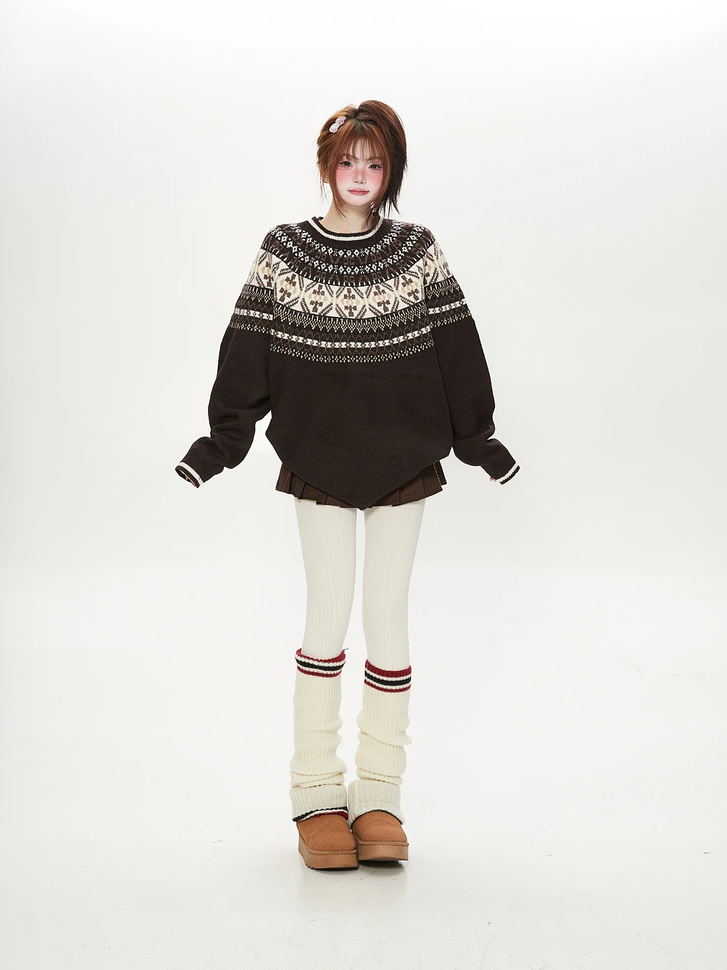 

Retro American Fair Isle Knitted Soft Cozy round Ne Sweater Women's Autumn Winter Lazy Sle Couple's Streetwear Faion