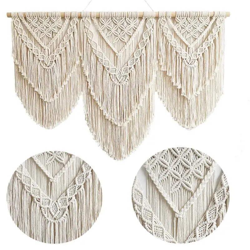 Imagem -06 - Handwoven Macramé Tassel Wall Hanging Tapeçaria com Vara de Madeira Bohemia Curtain Tapest