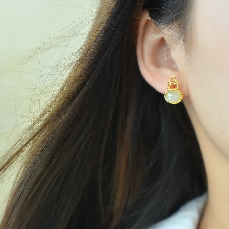 

Ancient Style Silver Inlay Hetian Jade Snowman Ear Studs