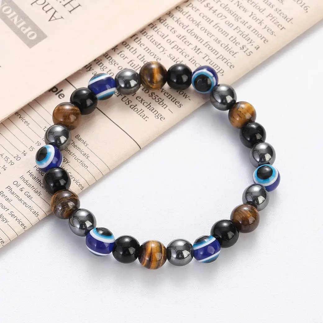 Ethnic Evil Eye Bracelet Men Natural Stone 8mm Tiger Eye Hematite Beads Handmade Bracelet Homme Yoga Reiki Elastic Jewelry