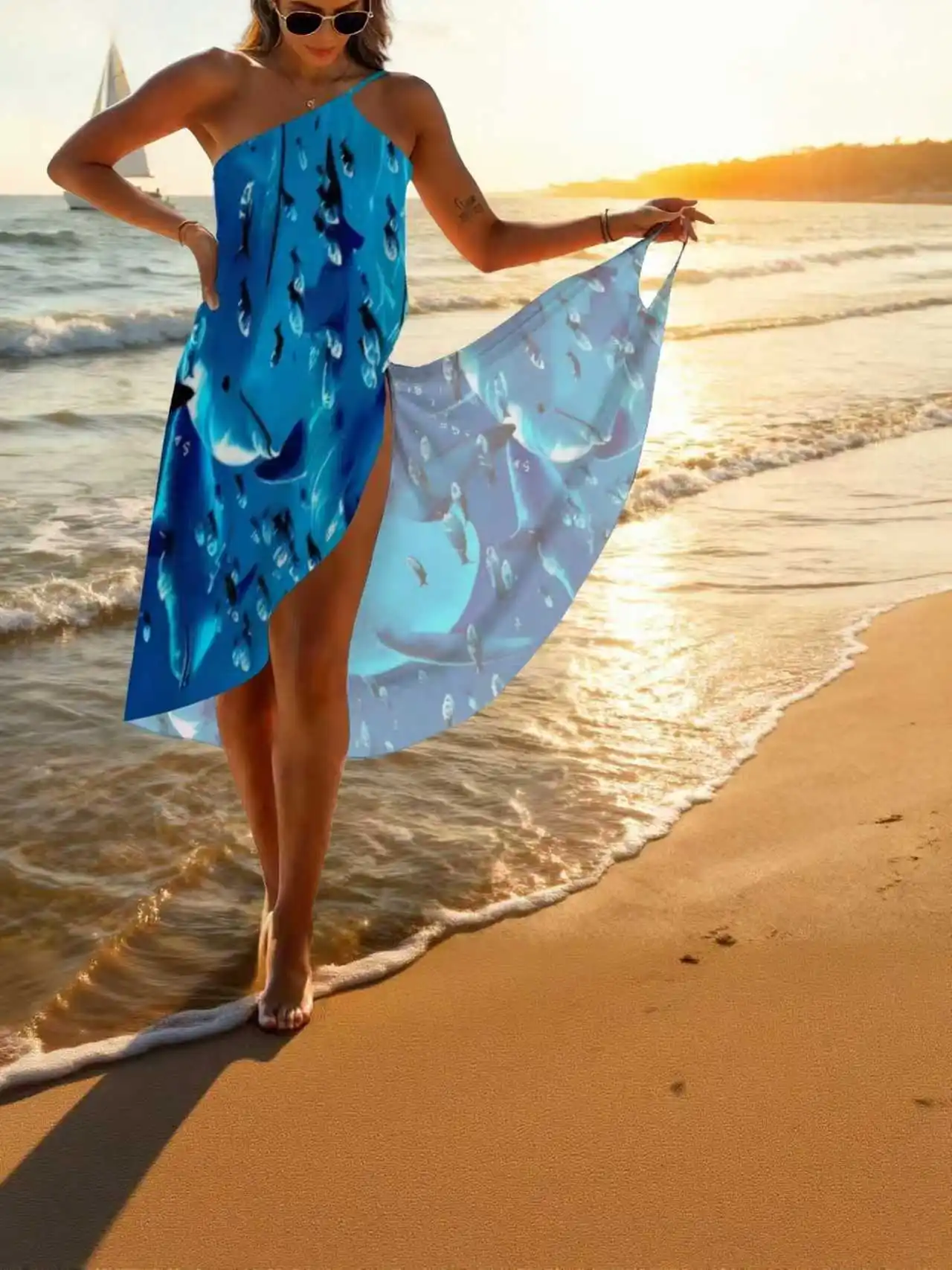 

Женское пляжное платье-накидка с шалью на одно плечо, с принтом дельфинов, летнее пляжное платье без спинки, пляжная одежда для бассейна, платье-сарафан, платье-комбинация