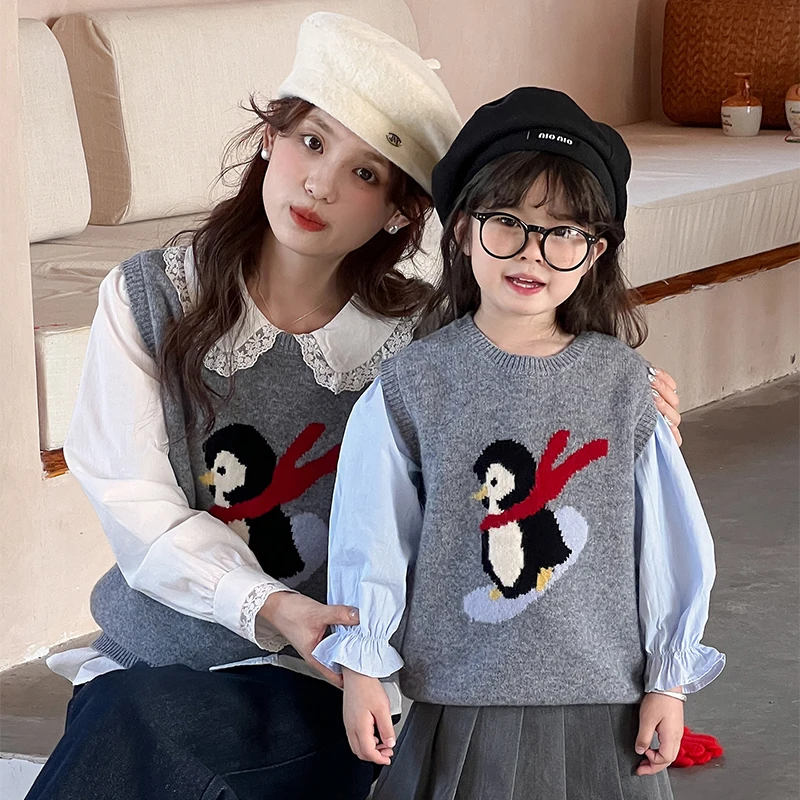 100% الصوف الخالص الأطفال محبوك سترة بلا أكمام الوالدين والطفل سترة الفتيان الفتيات الخريف موضة الصوف محبوك سترة سترة #4