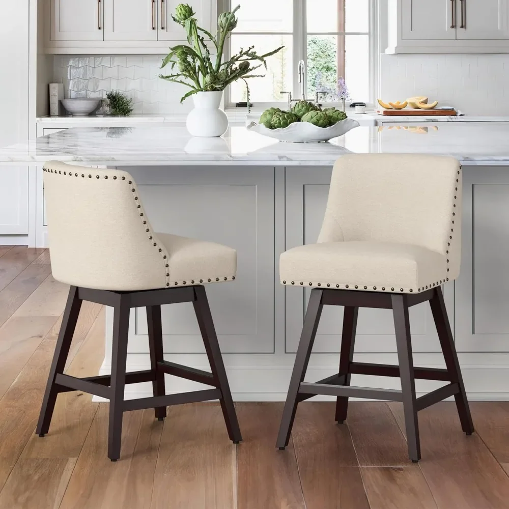 

26 Inch Bar Stools Set of 2, Linen Color Swivel Counter Stools with Back, Linen Fabric Upholstered Barstools, Solid Wood Legs