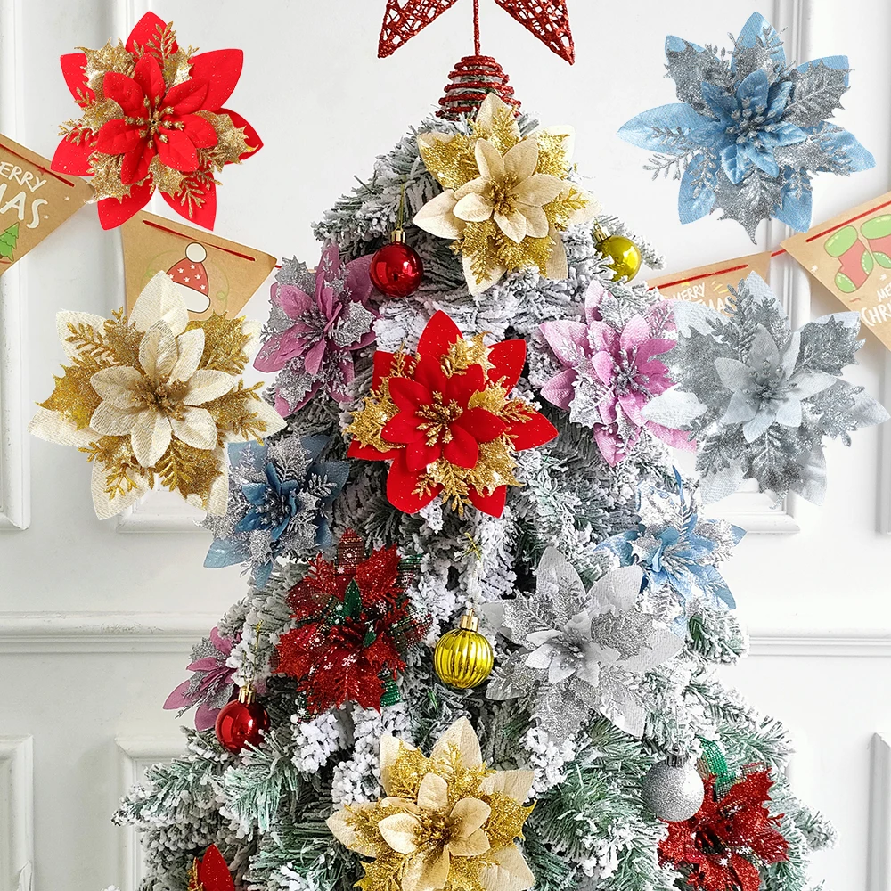 

5pcs 12.5cm Christmas Glitter Artificial Flowers Christmas Tree DIY Ornament Home Decor New Year Navidad Fake Flowers Supplies